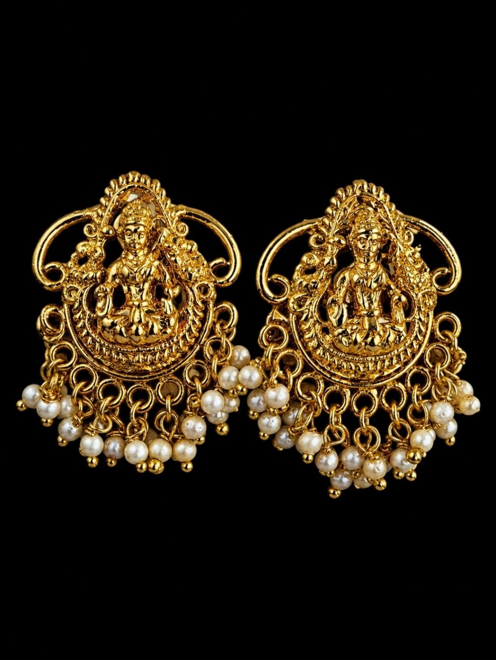 Bali Style India Wedding Jhumka Bright Gold Plated Faux Pearls Pierced Earrings